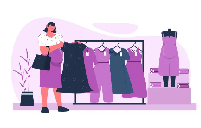 Pregnant Woman Looking for a New Outfit at a Clothes Shop Flat Character Design Illustration
